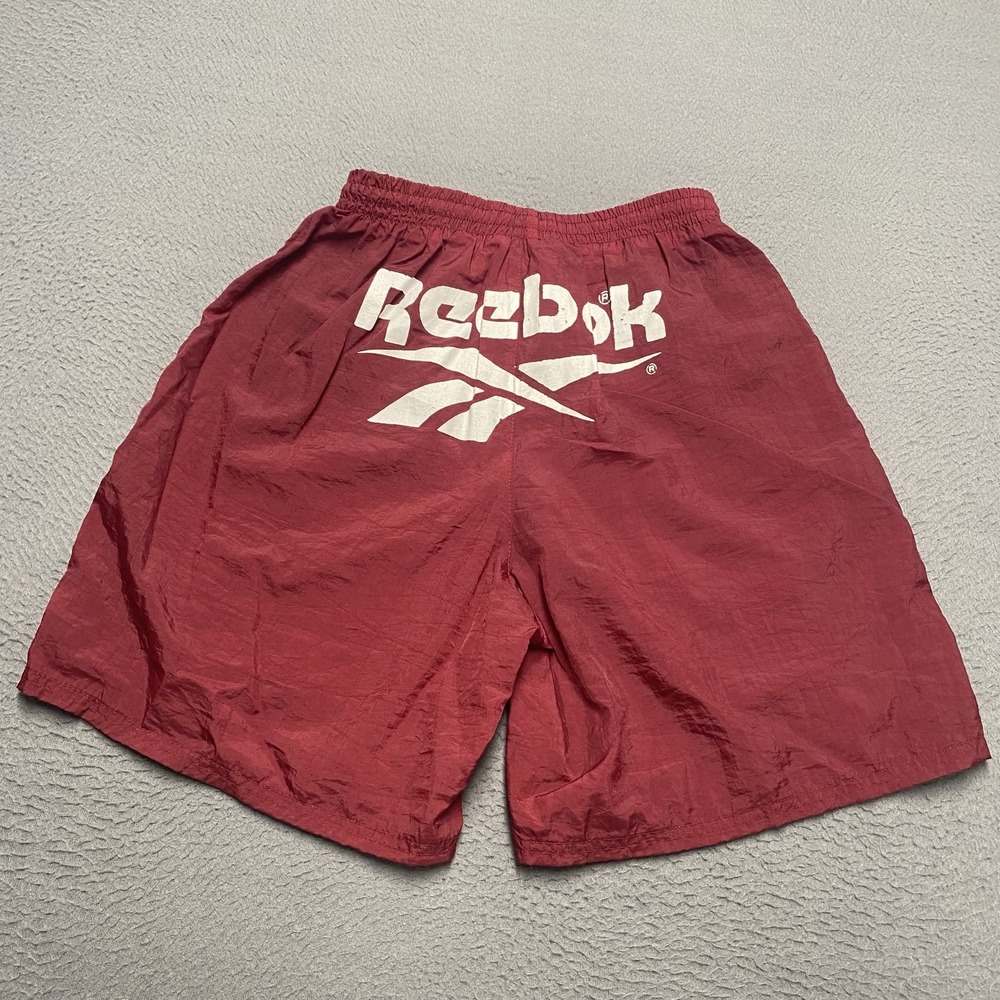 Vintage Reebok Shorts Mens Small Red Nylon Lined Elastic Waist 7 In Big Logo 90s
